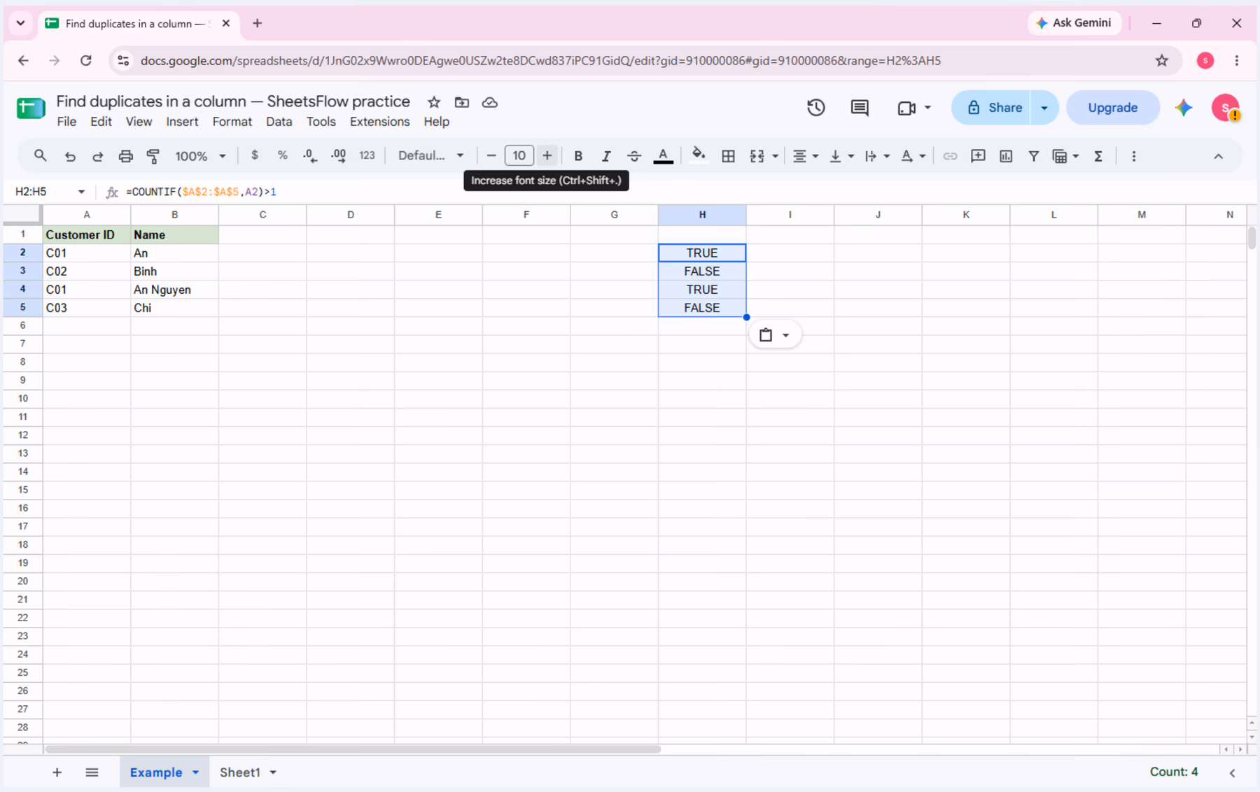 Duplicate flags in H2:H5 after COUNTIF formulas are filled down in Google Sheets.
