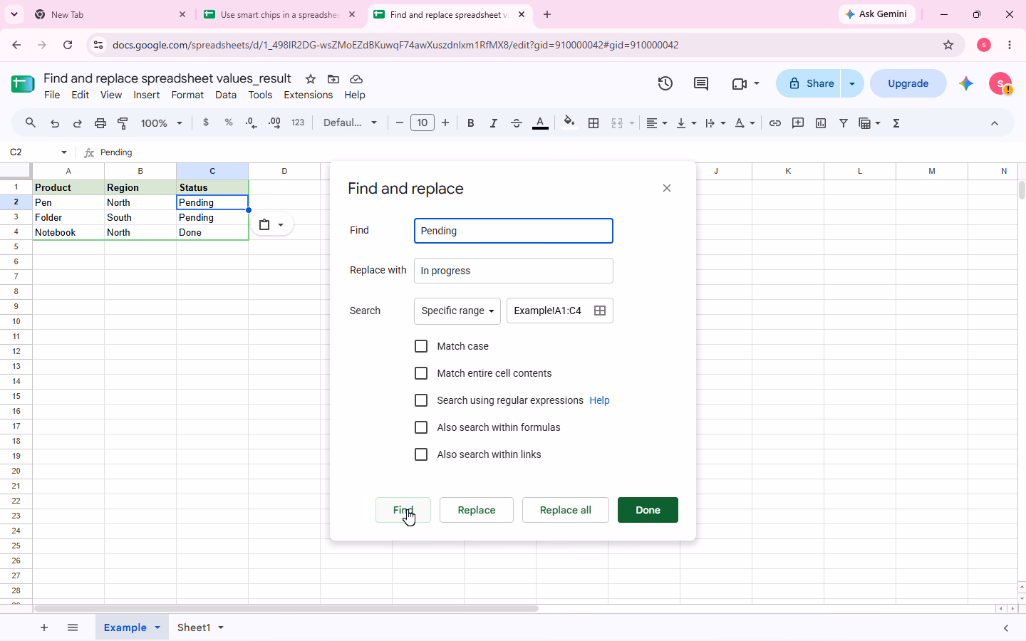 Find-and-replace evidence for step 3