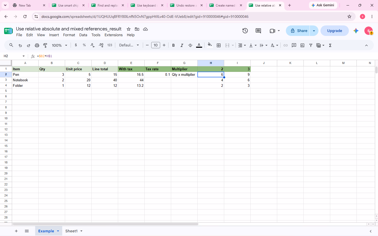 Cell H2 selected with =$B2*H$1 and the multiplier grid calculated for 2 and 3.