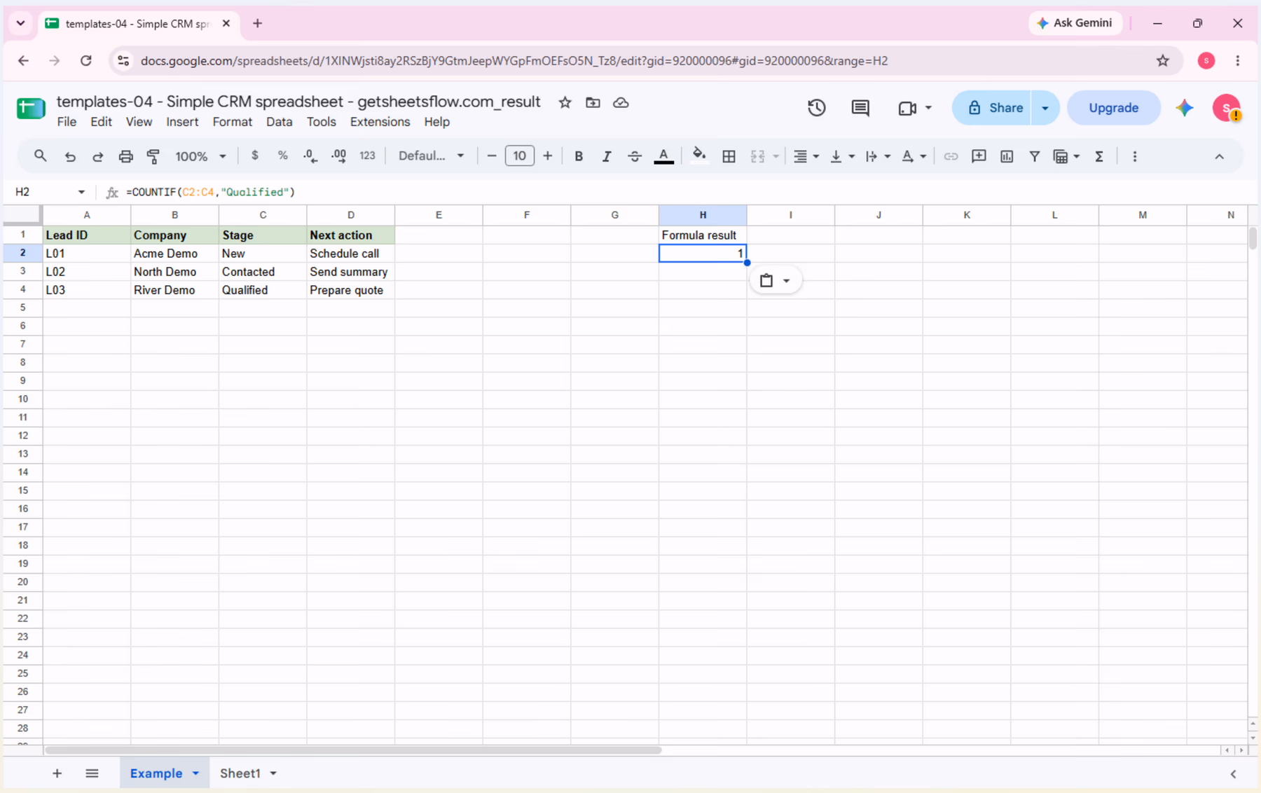 The _result workbook with H2 selected, the formula bar showing the complete COUNTIF(C2:C4,"Qualified") formula, and the result equal to 1.