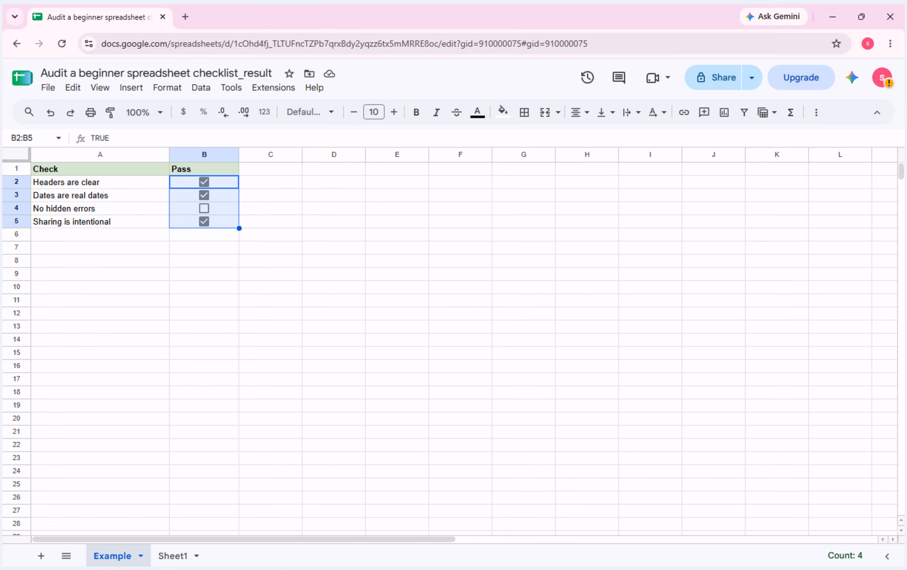 Final Google Sheets checklist with B2, B3, and B5 checked and B4 unchecked.