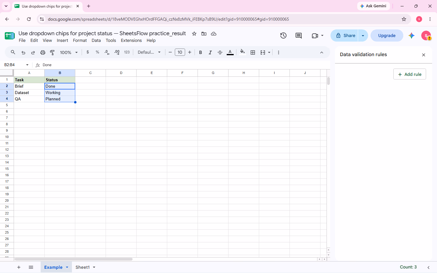 The Data validation rules sidebar is open with Add rule clearly visible.