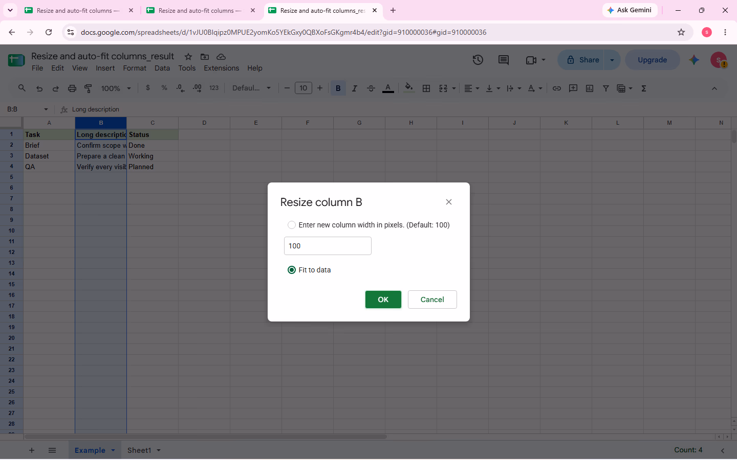 Hộp thoại Resize column B với Fit to data đã được chọn trước khi bấm OK