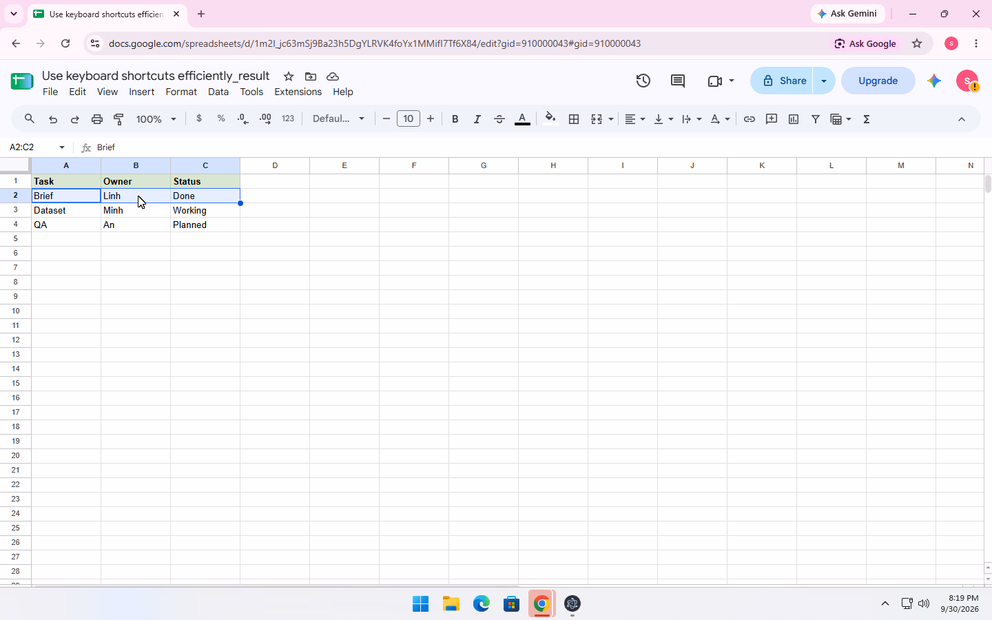 Keyboard-shortcut evidence for step 1