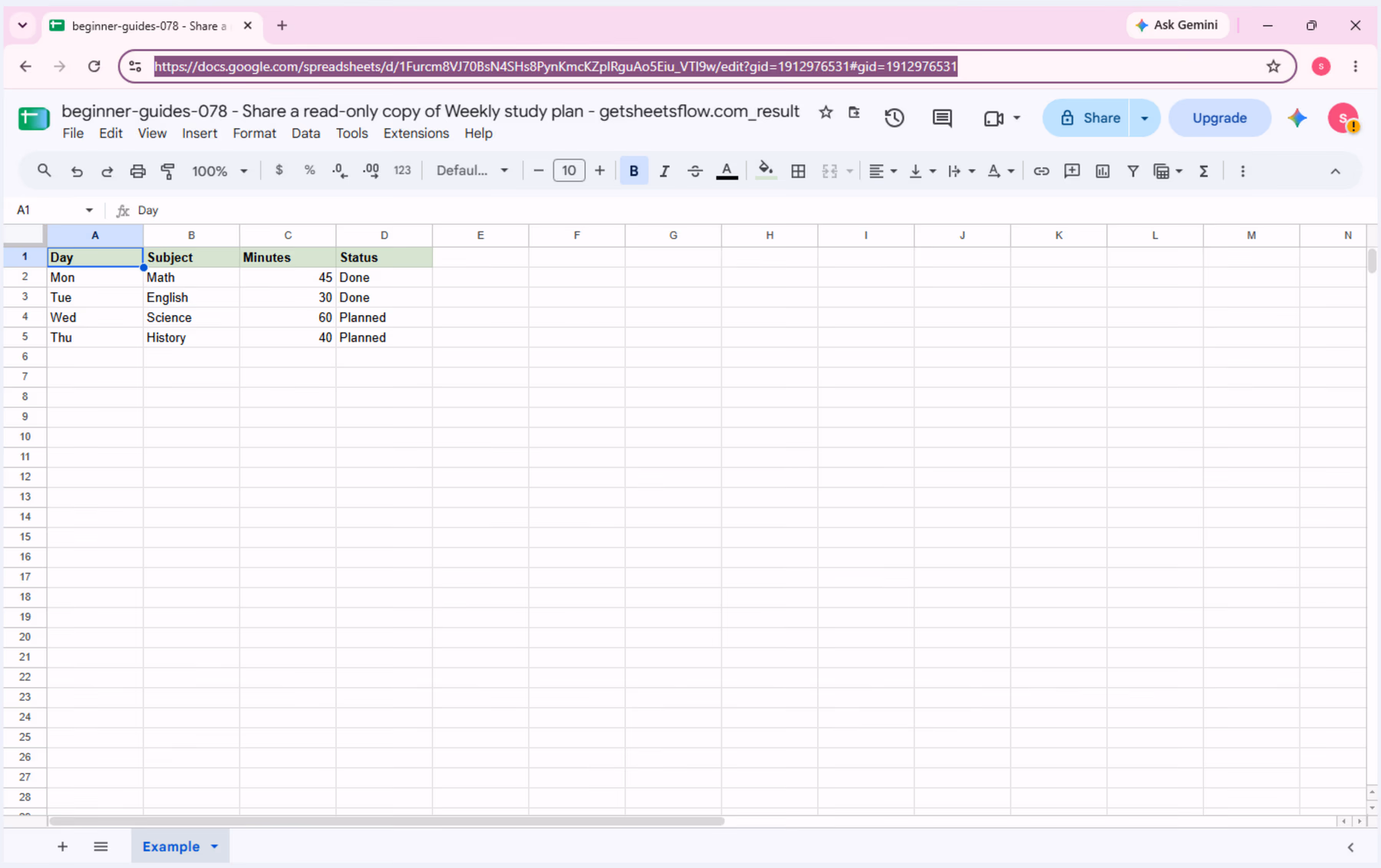 Weekly study plan table in the result workbook before changing sharing access.