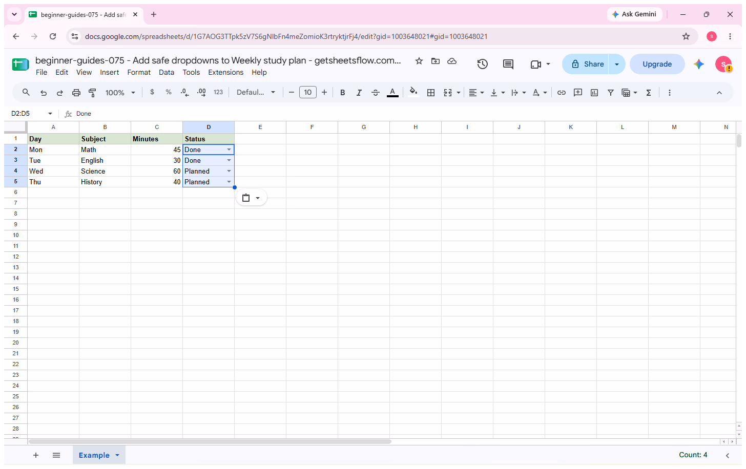 The Status data range D2:D5 selected in Google Sheets while the Status header remains outside the selection.