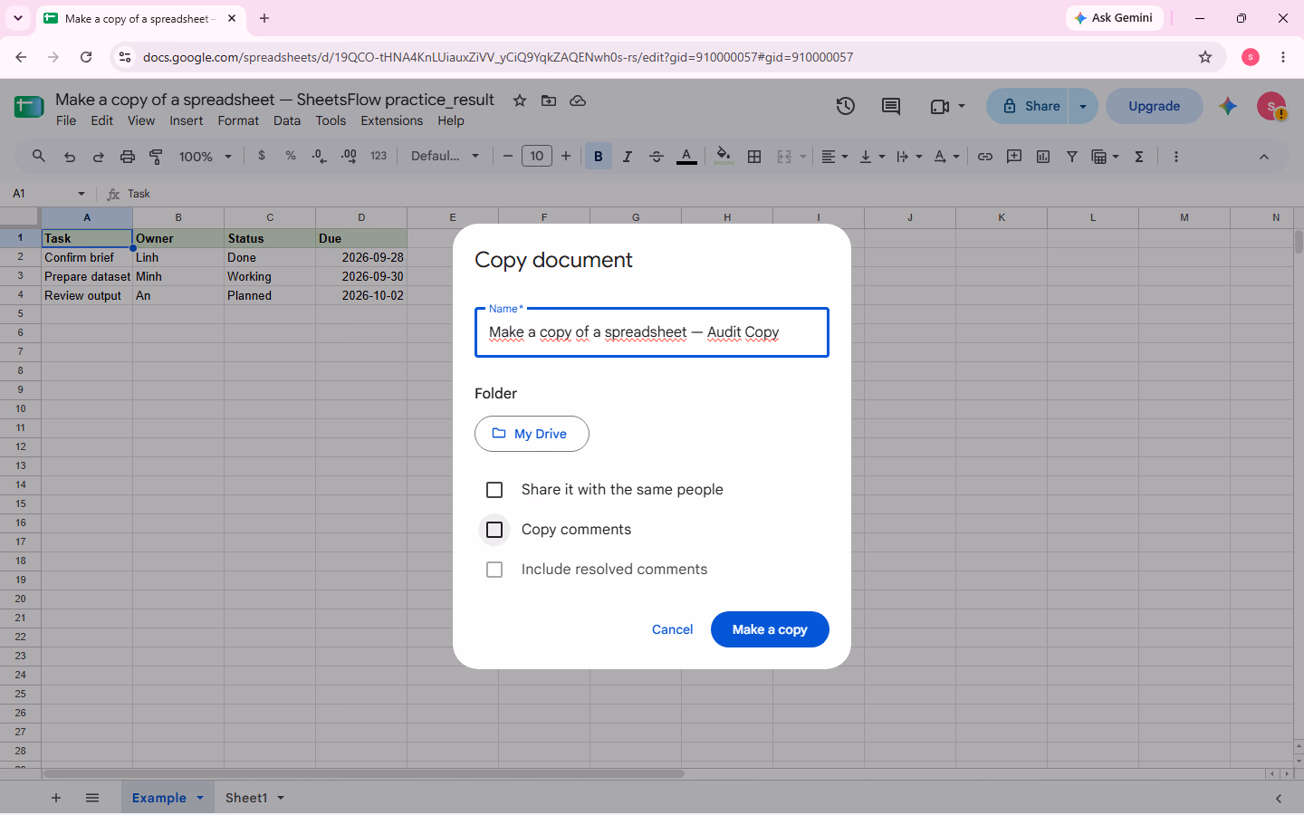 The Copy document dialog shows the chosen Audit Copy name, My Drive destination, sharing and comment options, with the pointer on Copy comments.