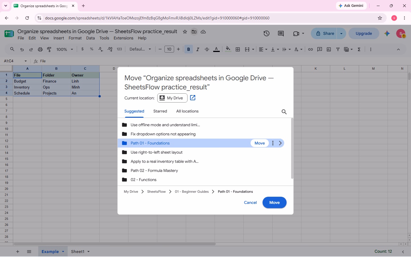 The Move dialog shows Path 01 - Foundations selected, its full Drive path, and the Move confirmation button ready.