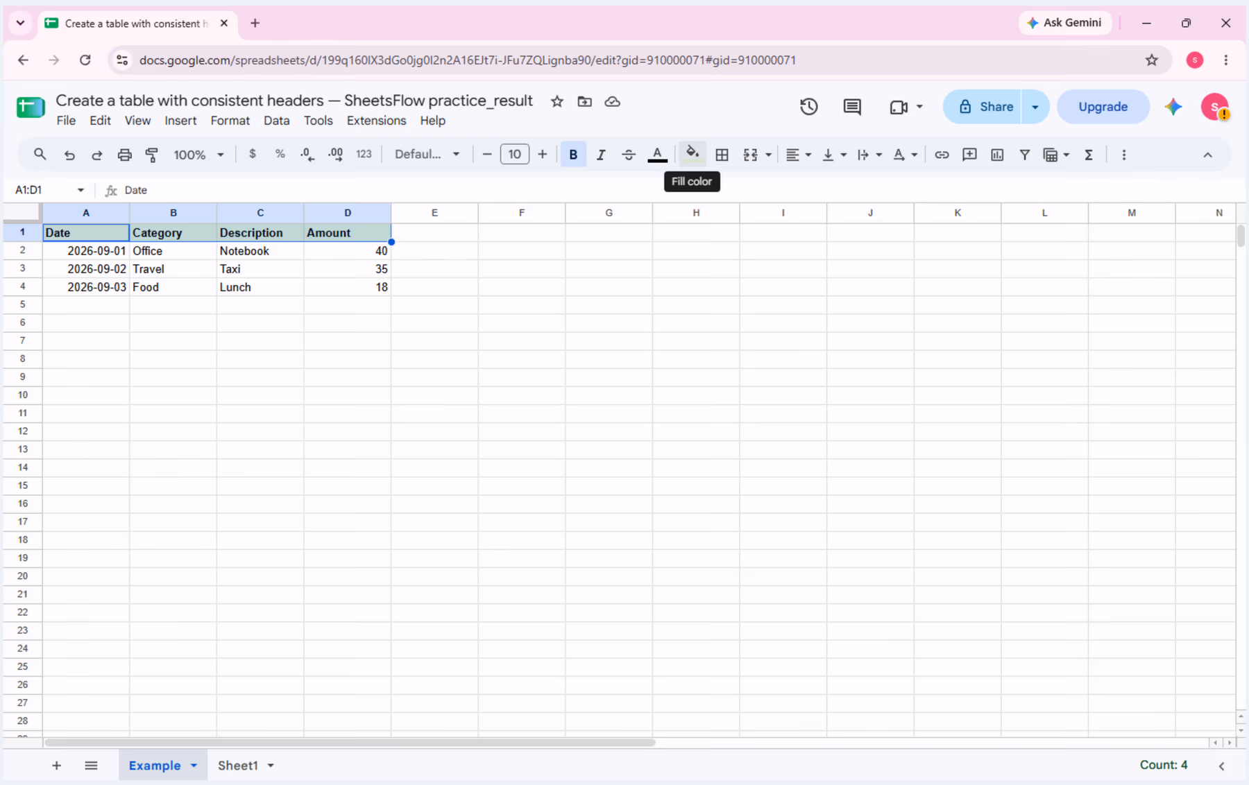 Google Sheets after the header row has been formatted consistently across Date, Category, Description, and Amount.