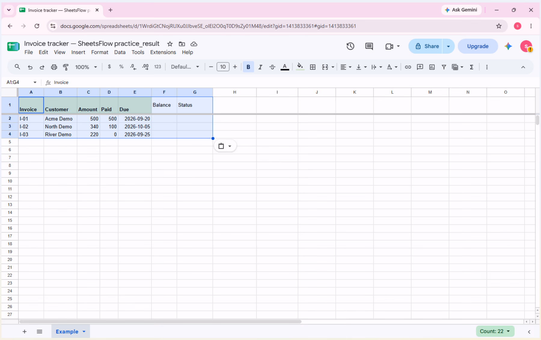 The _result workbook after the formula area is cleaned, with Balance in F1, Status in G1, and F2:G4 blank.