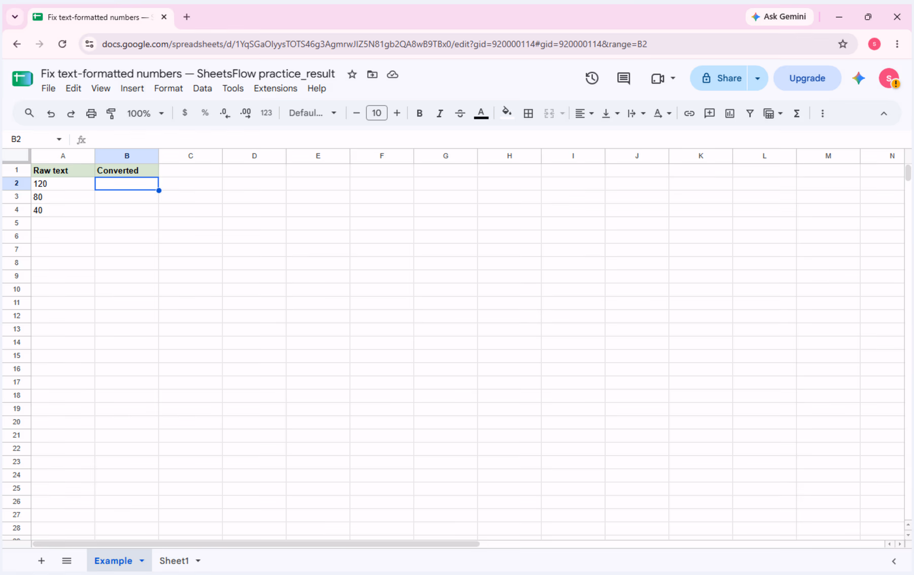 Google Sheets with the conversion result selected and =VALUE(A2) visible in the formula bar beside the complete source table.