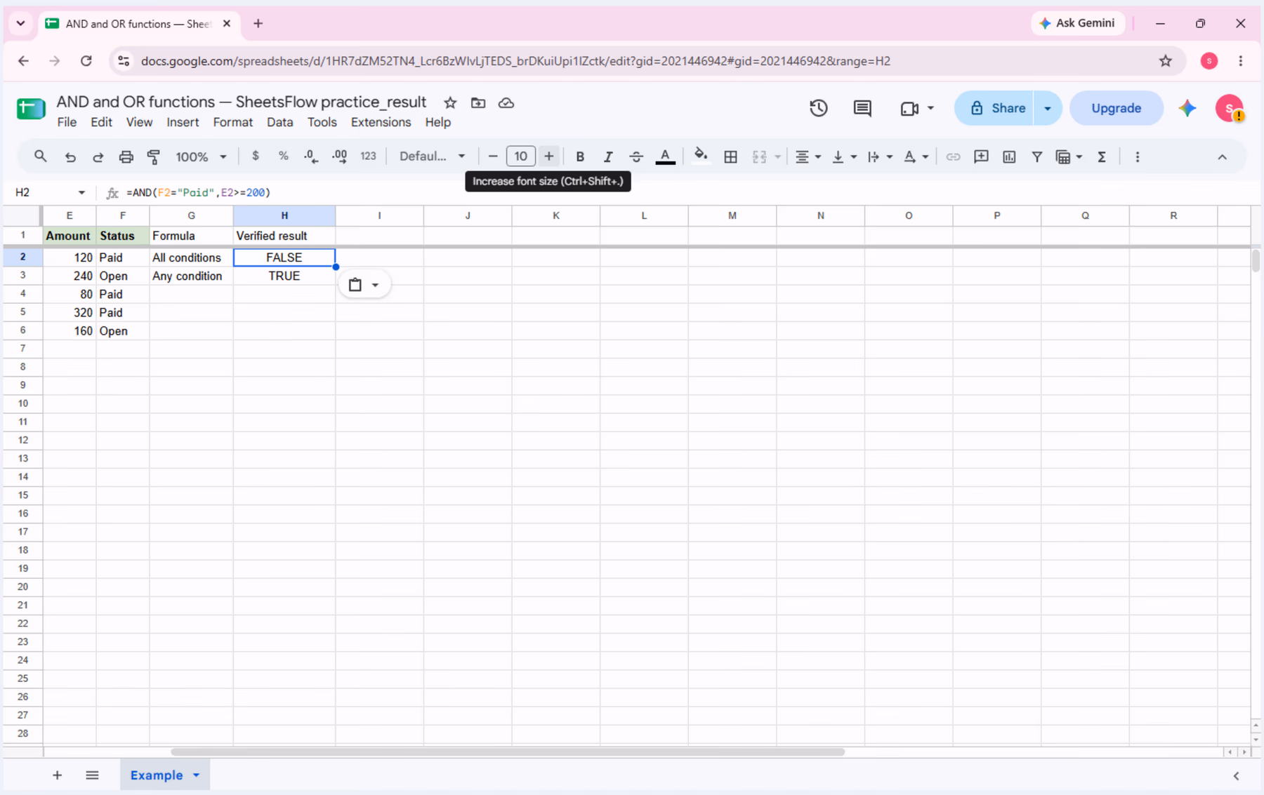 Cell H2 selected with the AND formula visible and FALSE returned for Status = Paid, Amount = 120.