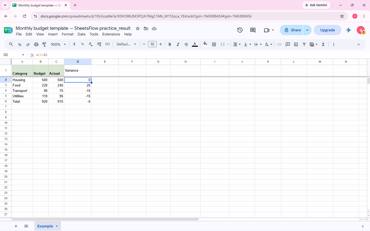 Cell D2 selected with =C2-B2 visible in the formula bar and a result of 0.