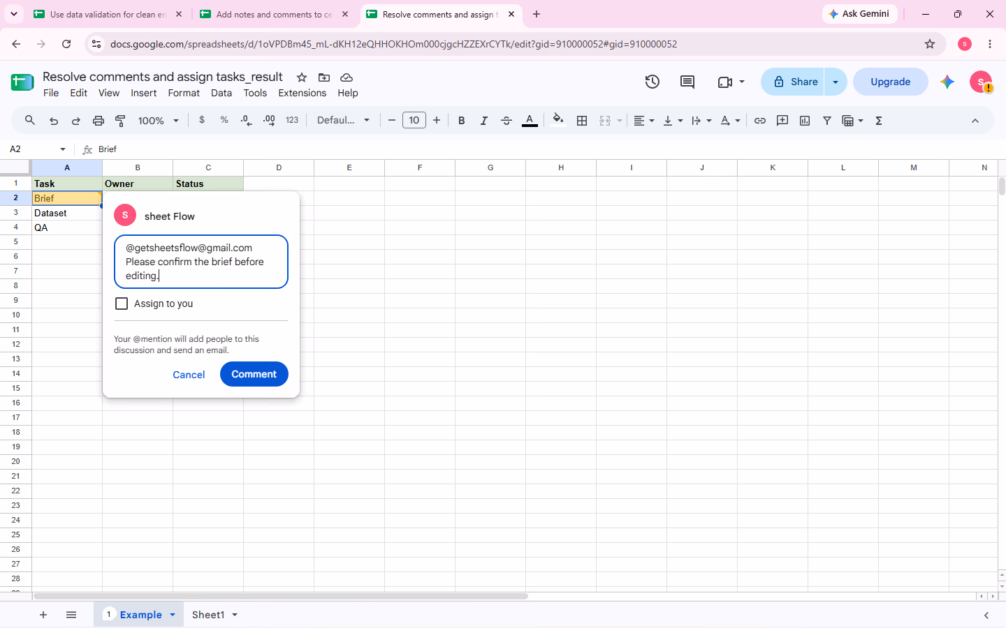 Verified assign/resolve comment evidence for step 2