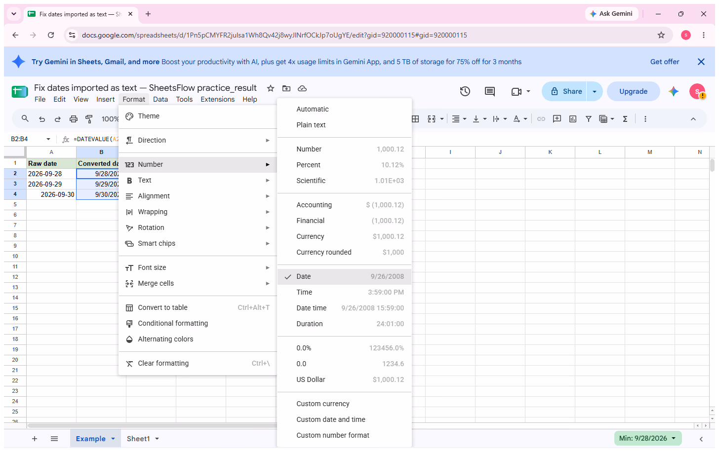 Google Sheets Format menu opened while the converted date range is selected, as part of applying a date number format.