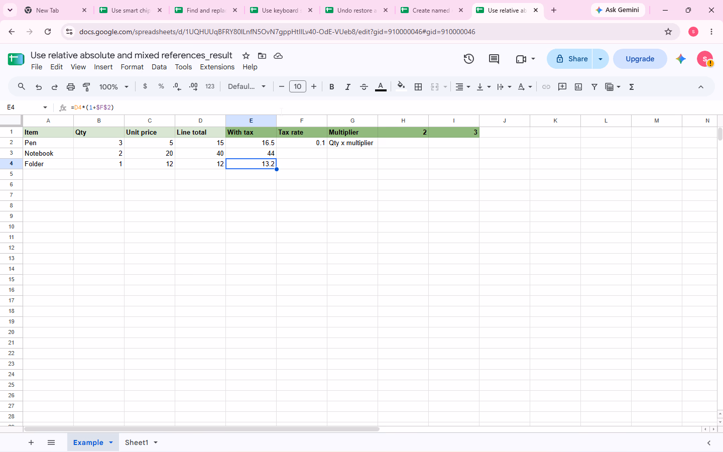 Cell E4 selected; formula bar shows =D4*(1+$F$2), proving $F$2 remains fixed when copied down.