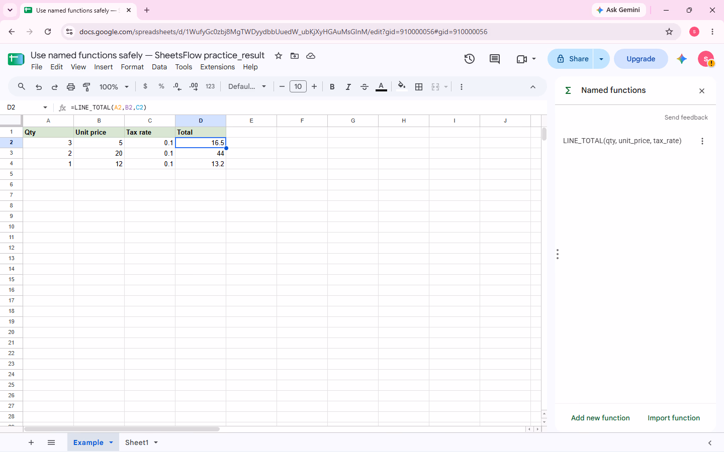 Cell D2 selected with =LINE_TOTAL(A2,B2,C2) visible in the formula bar, calculated result 16.5, filled results 44 and 13.2, and the LINE_TOTAL named function visible in the sidebar.
