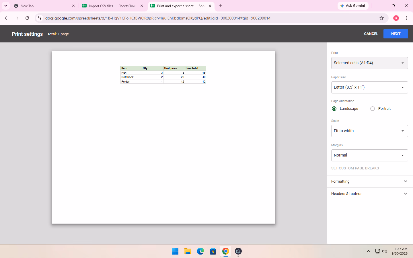 Print settings shows Selected cells (A1:D4), with all four columns fitting on one page using Fit to width.