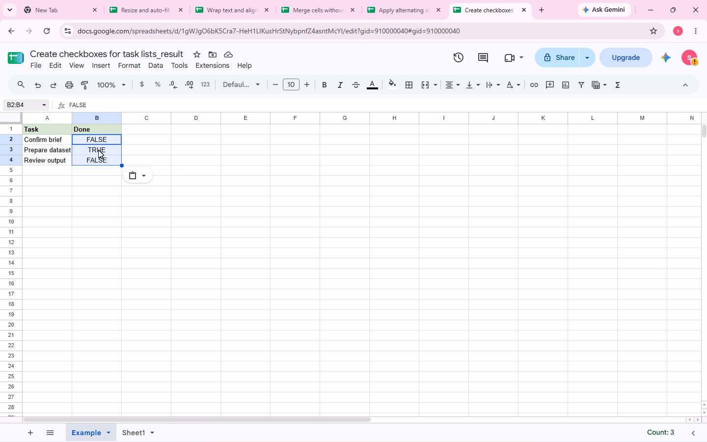 Checkbox evidence for step 1