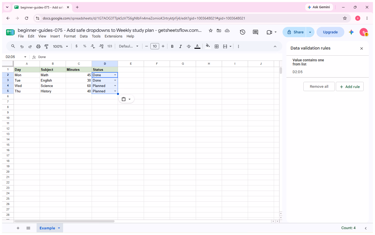 Google Sheets Data validation rules sidebar for D2:D5 showing the Done and Planned dropdown options.