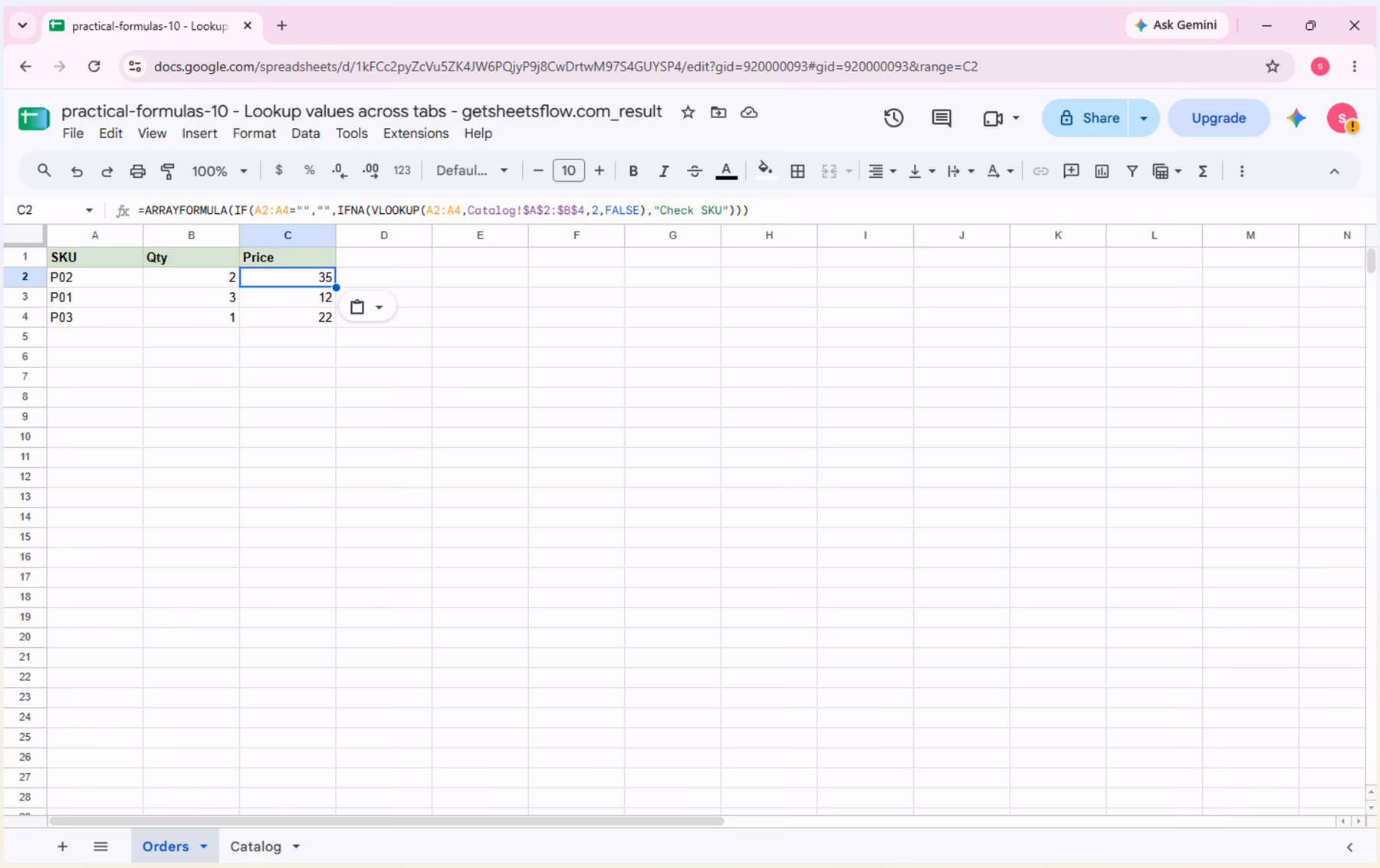 The _result workbook with Orders!C2 selected; the formula bar shows the complete ARRAYFORMULA and the spill results are 35, 12, and 22.