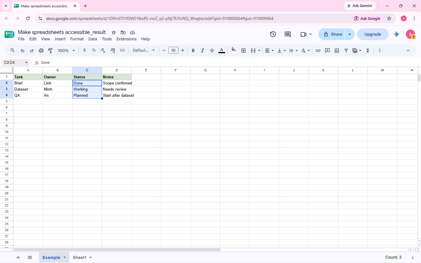 Final clean workbook state showing readable text values Done, Working, and Planned in the Status column with no merged cells in the main table.