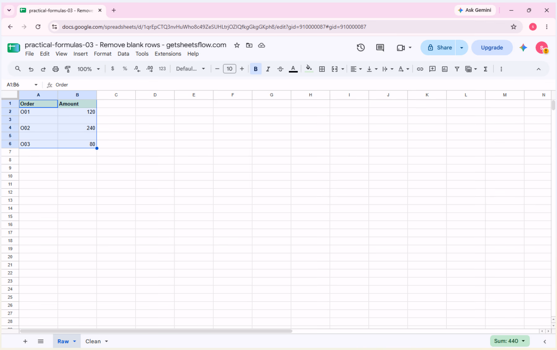 Source workbook in Google Sheets with the Raw tab selected, showing Order and Amount plus the two blank rows that should be excluded from the clean result.