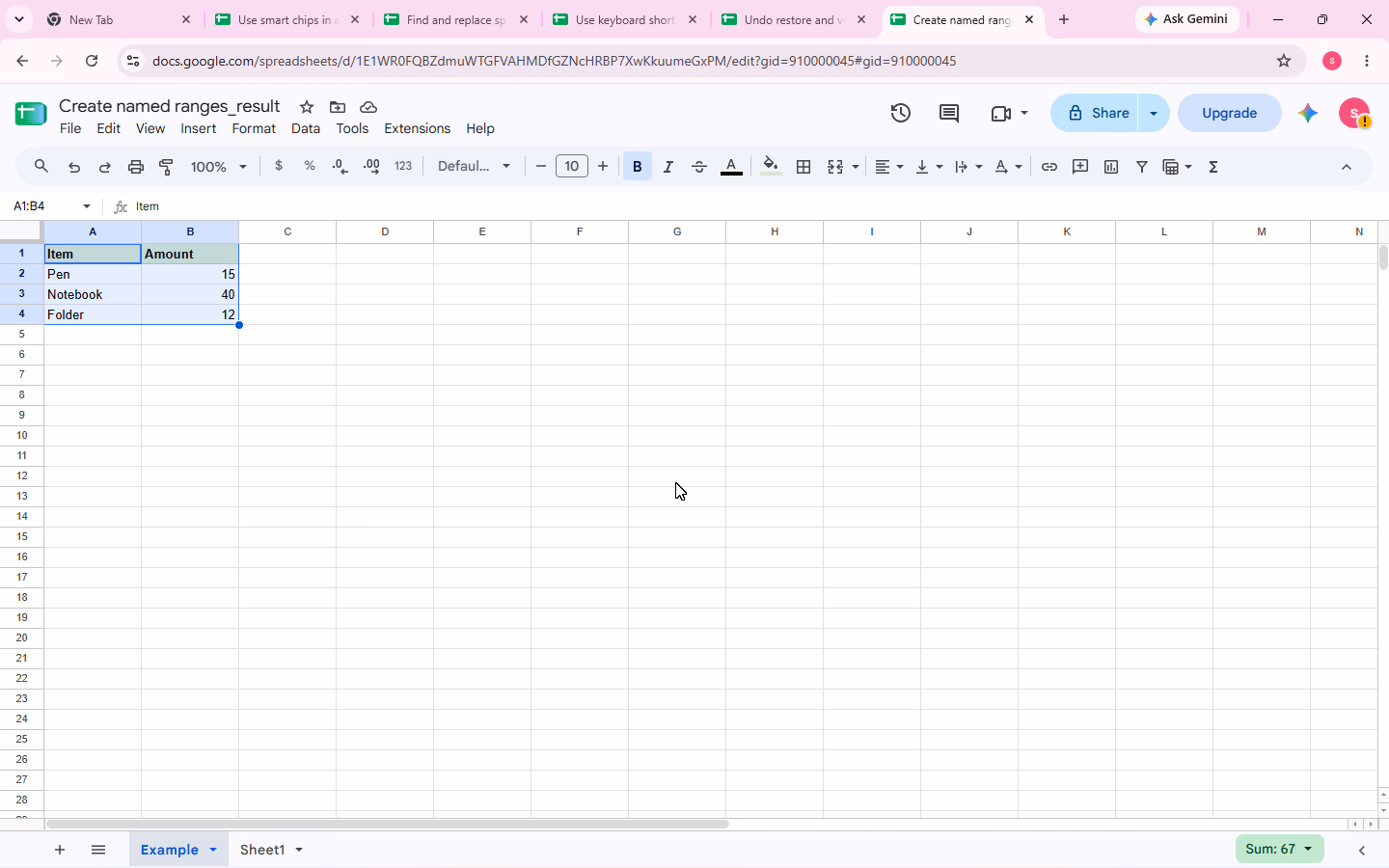 Google Sheets Example sheet showing the Item and Amount source table before selecting B2:B4.