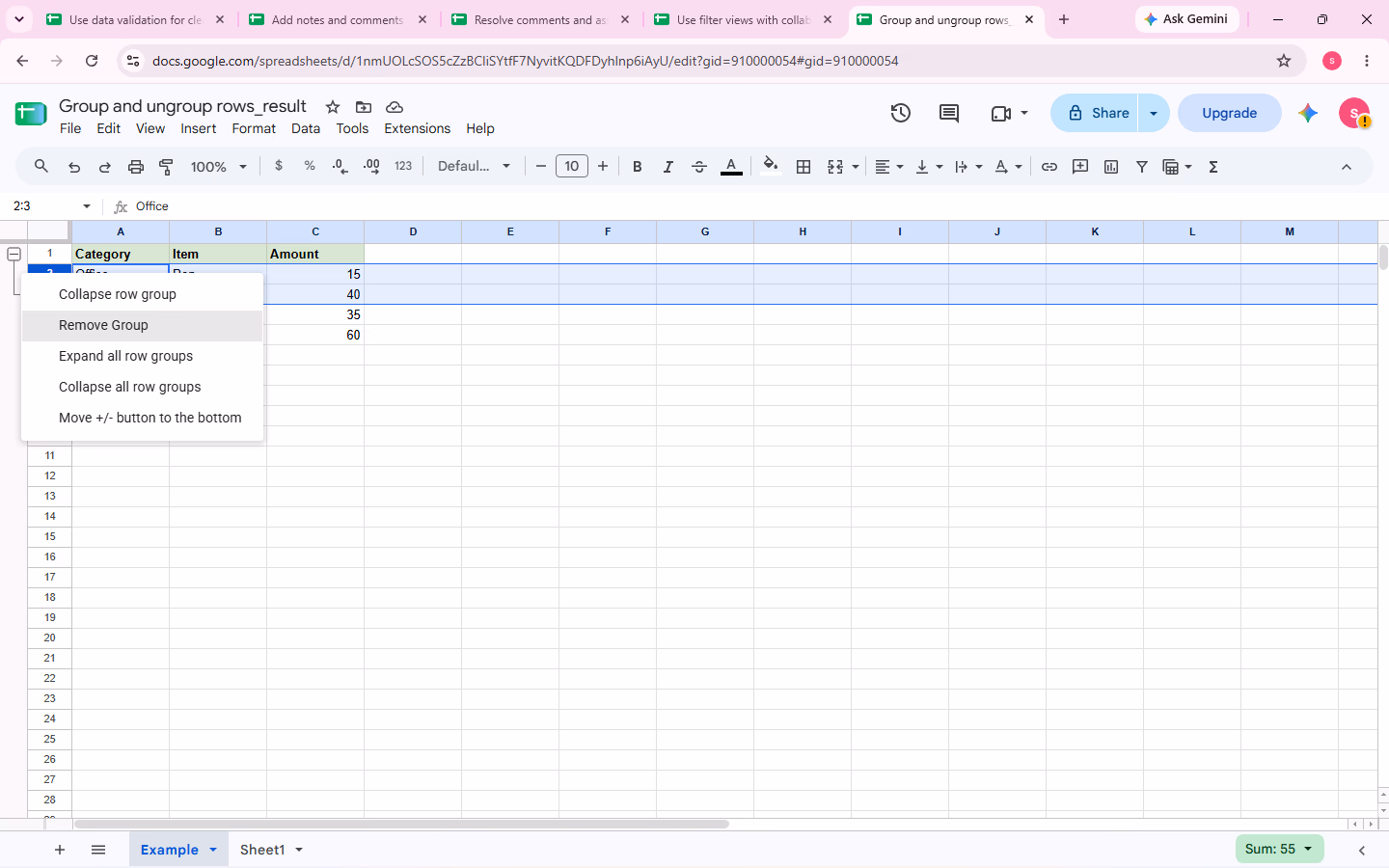 Row-group menu with Remove Group targeted