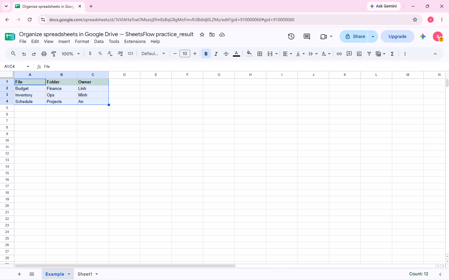 A1:C4 is selected in the _result workbook so the Folder values Finance, Ops, and Projects can be reviewed before moving the file.