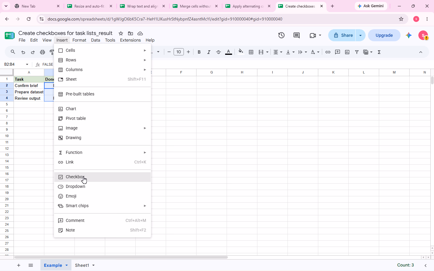 Checkbox evidence for step 2