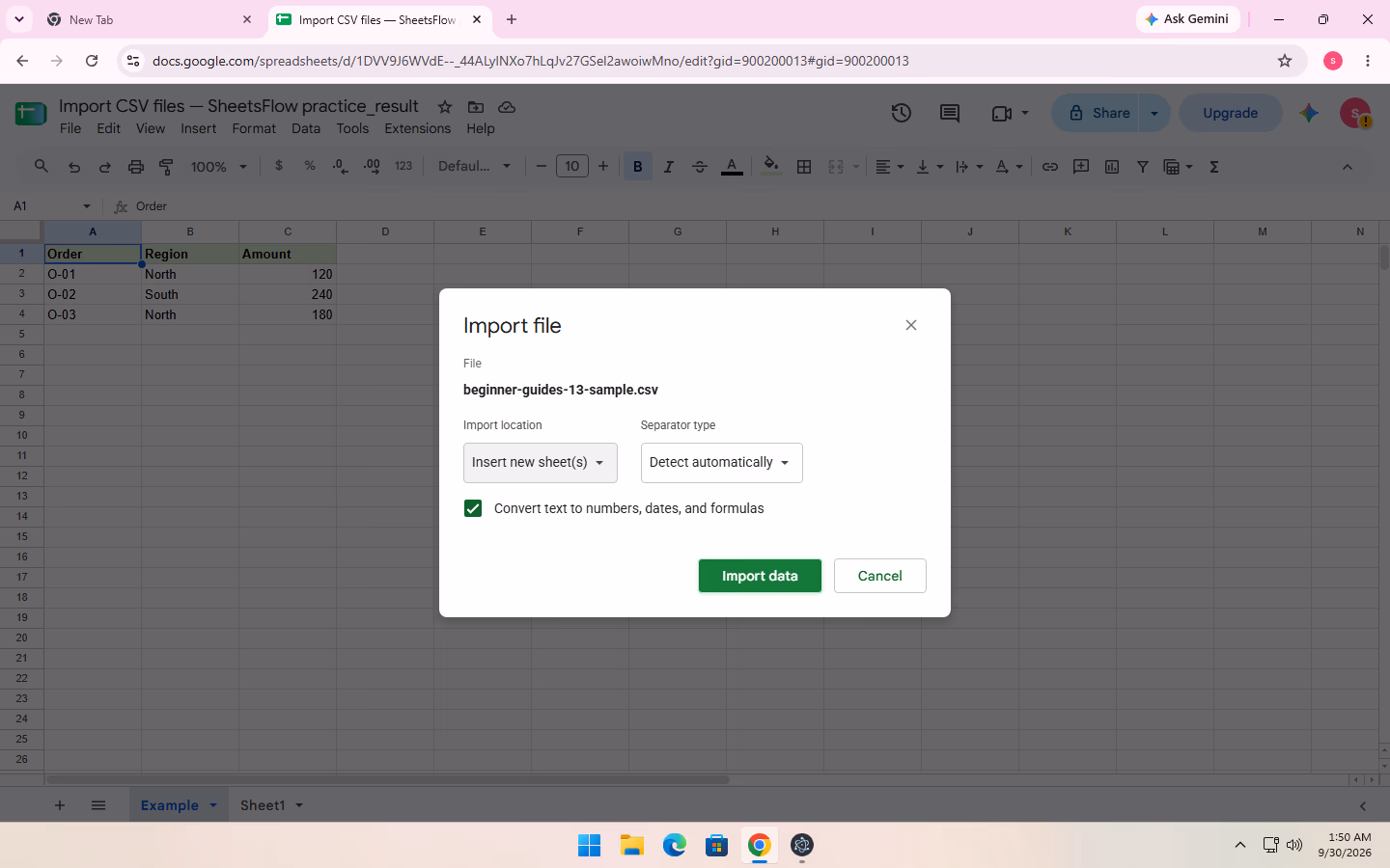 The Import file dialog shows the CSV, Import location = Insert new sheet(s), Separator type = Detect automatically, and the Import data button.