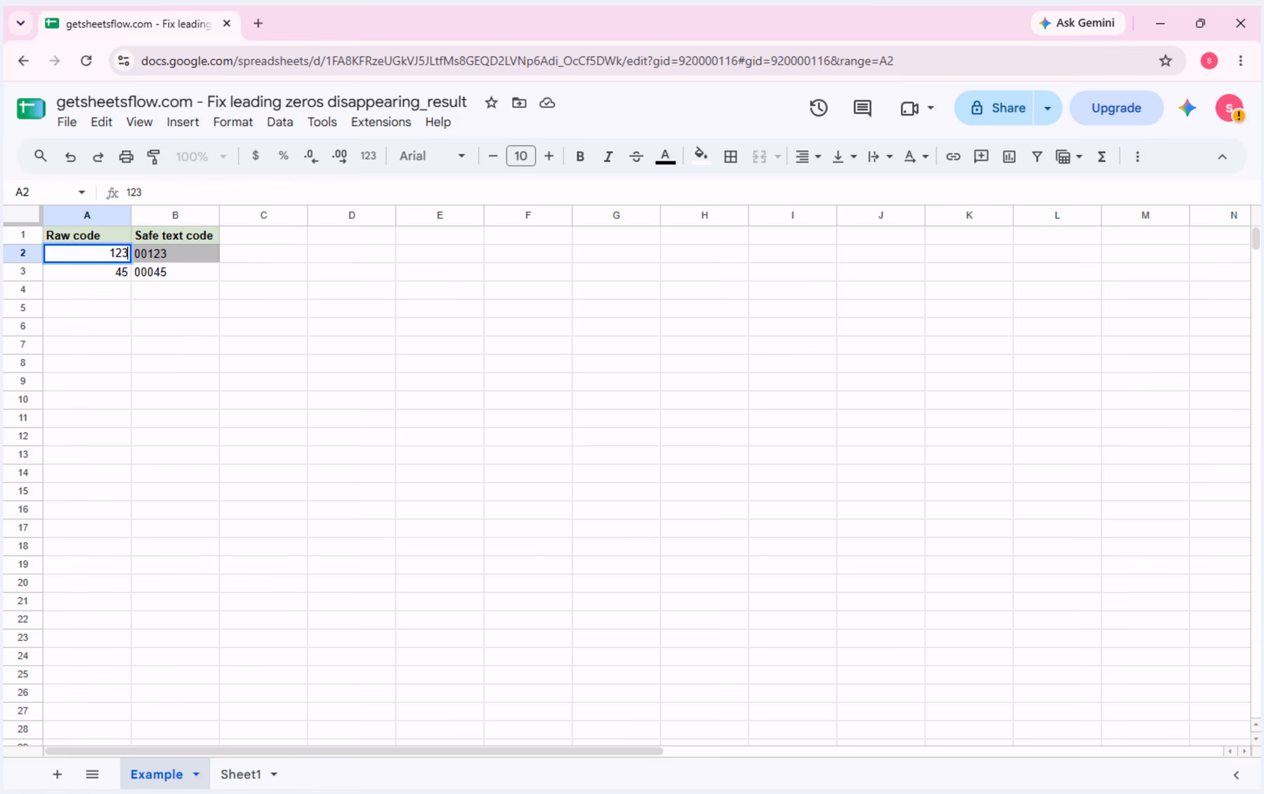 Google Sheets after entering 00123 into a General-formatted numeric cell, where the visible result becomes 123.