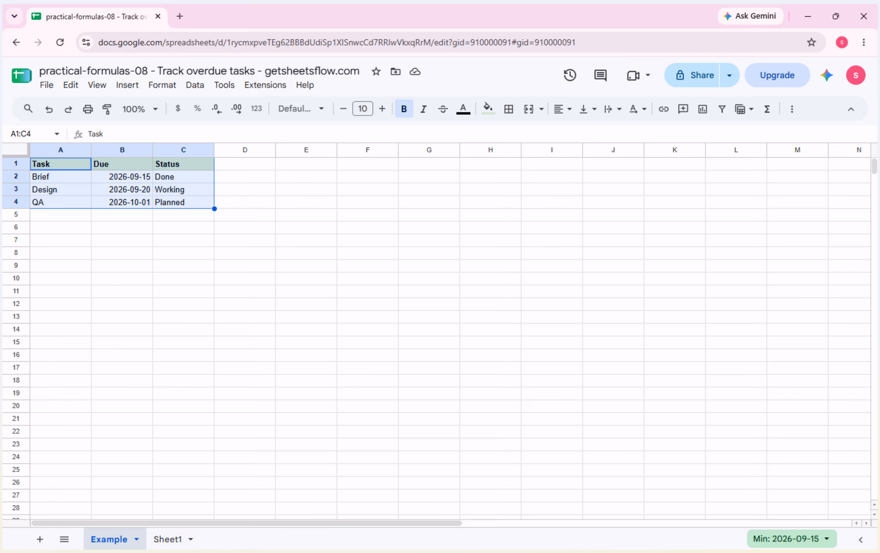 The practical-formulas-08 source workbook in Google Sheets with the Example tab selected and the full Task, Due, and Status table visible.