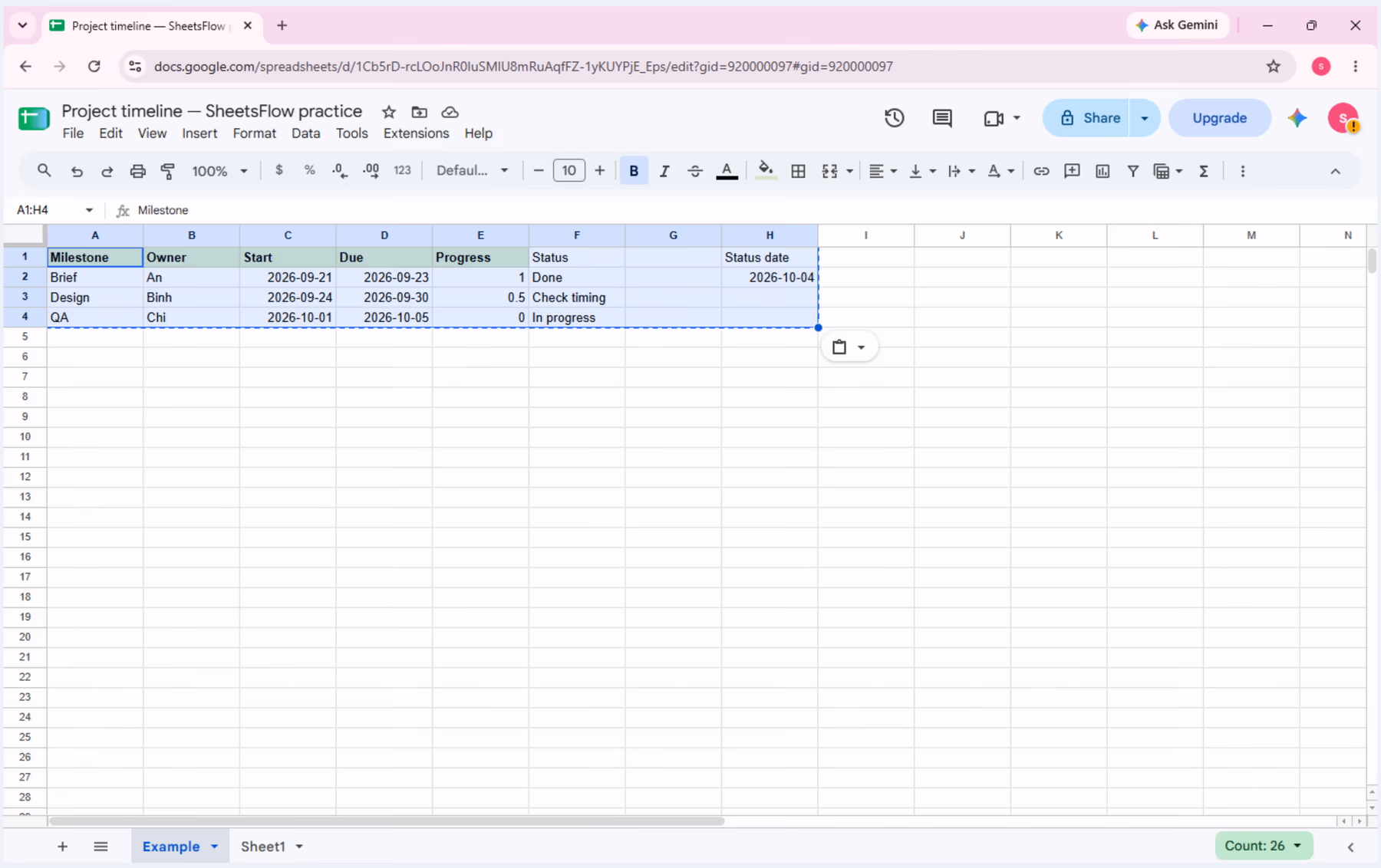 Completed timeline with a Status column and Status date 2026-10-04.