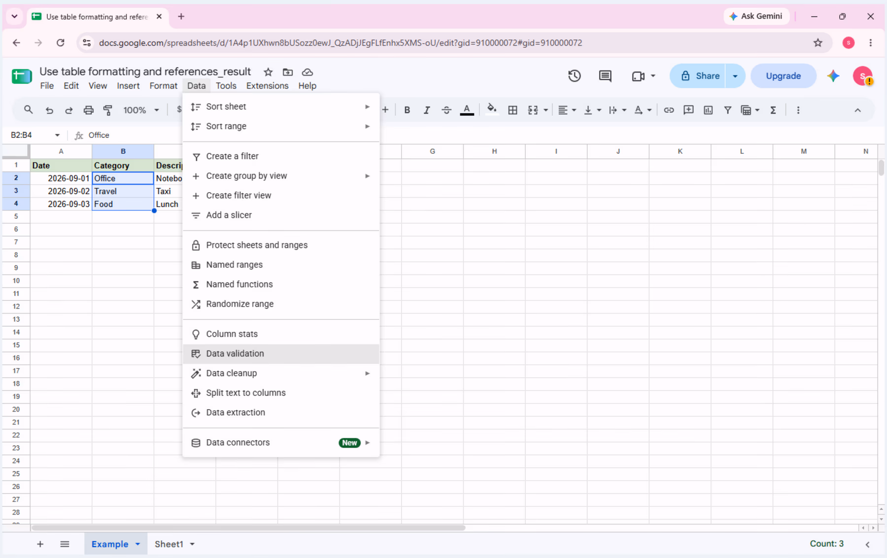 The Data menu is open with Data validation visible for B2:B4.