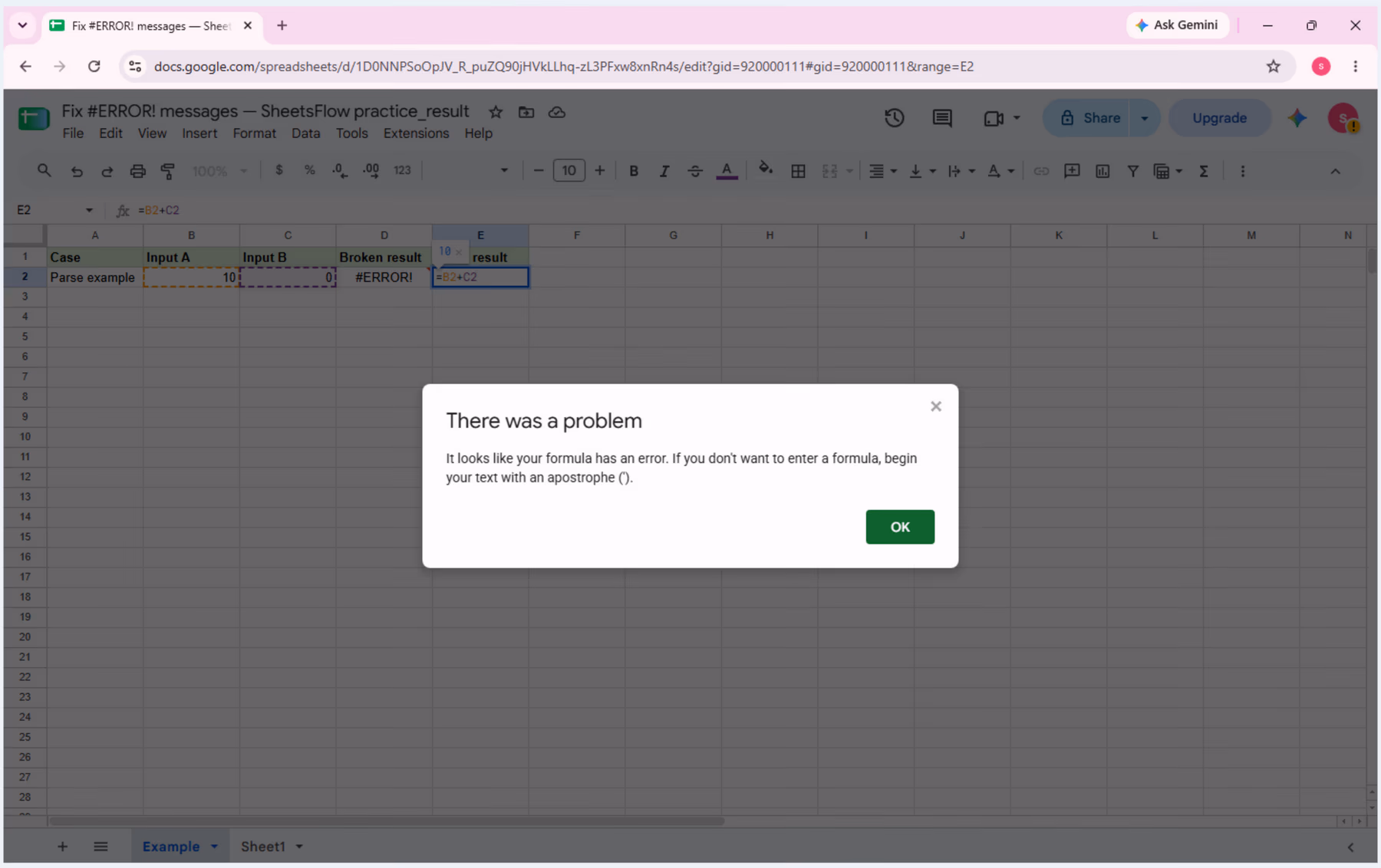 Google Sheets with E2 selected, =B2+C2 visible in the formula bar, 10 displayed in E2, and the original #ERROR! still visible in D2.