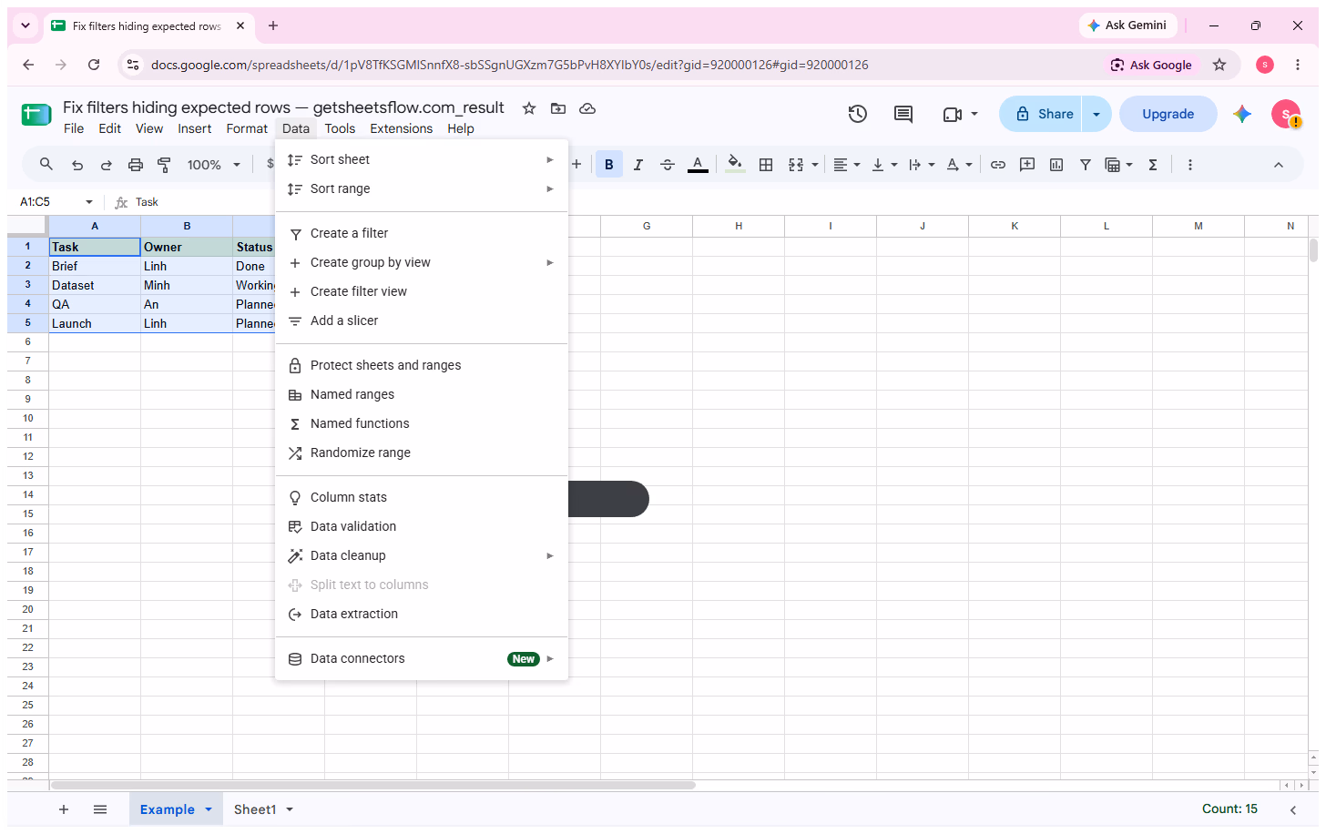Google Sheets Data menu with Create a filter visible while A1:C5 is selected.