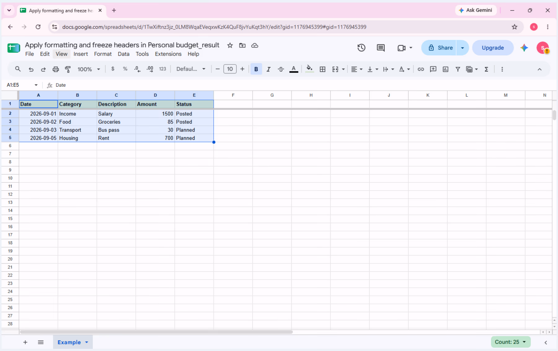Google Sheets Personal budget source table before header formatting and freezing.