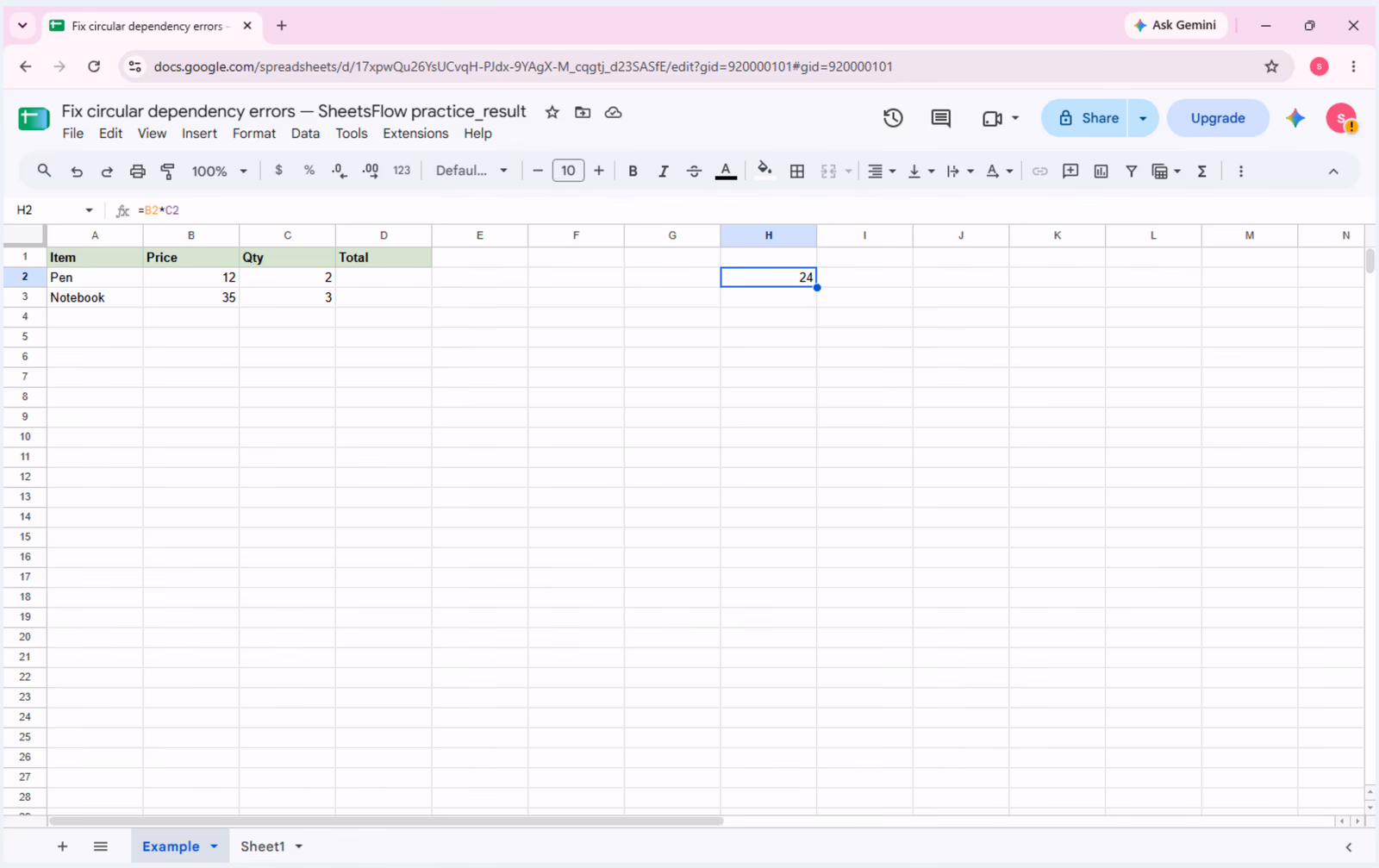 Cell H2 selected with =B2*C2 visible in the formula bar and result 24 displayed while the source inputs remain B2 = 12 and C2 = 2.