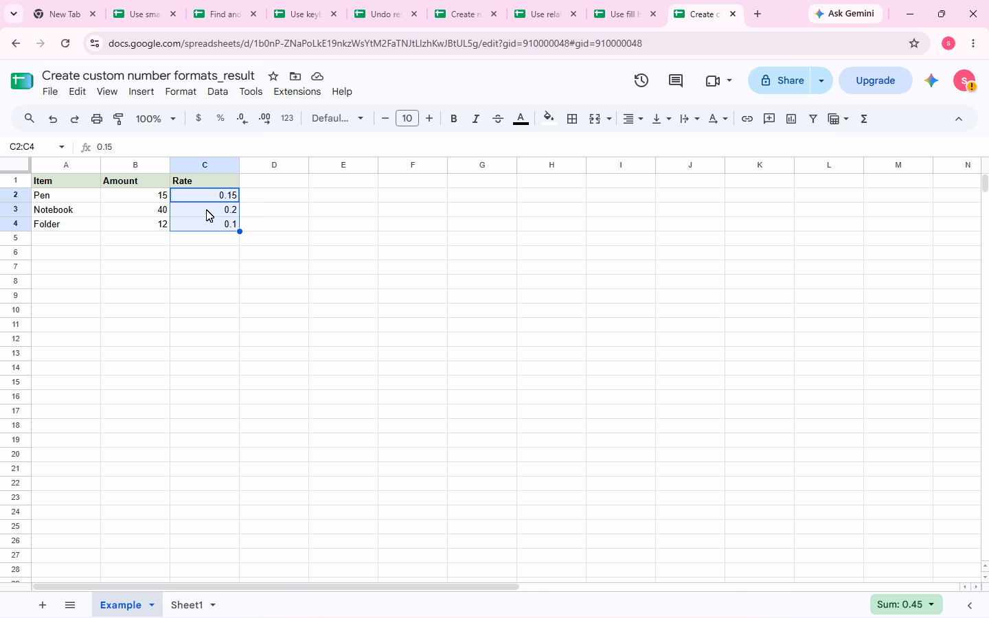 Range C2:C4 selected for applying the custom percentage format.