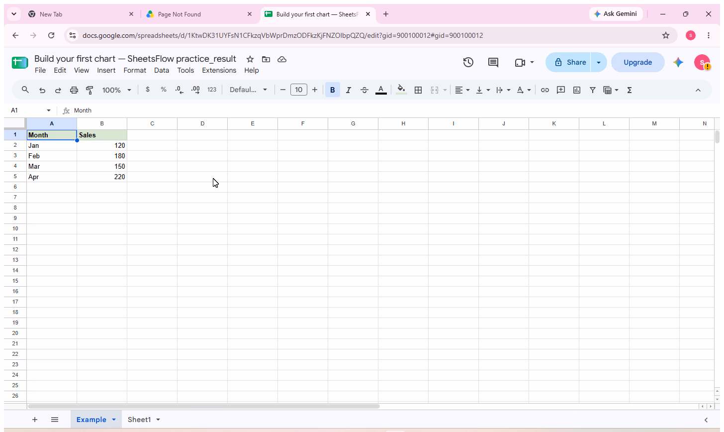 Complete Month and Sales source table in the _result workbook before creating the chart.