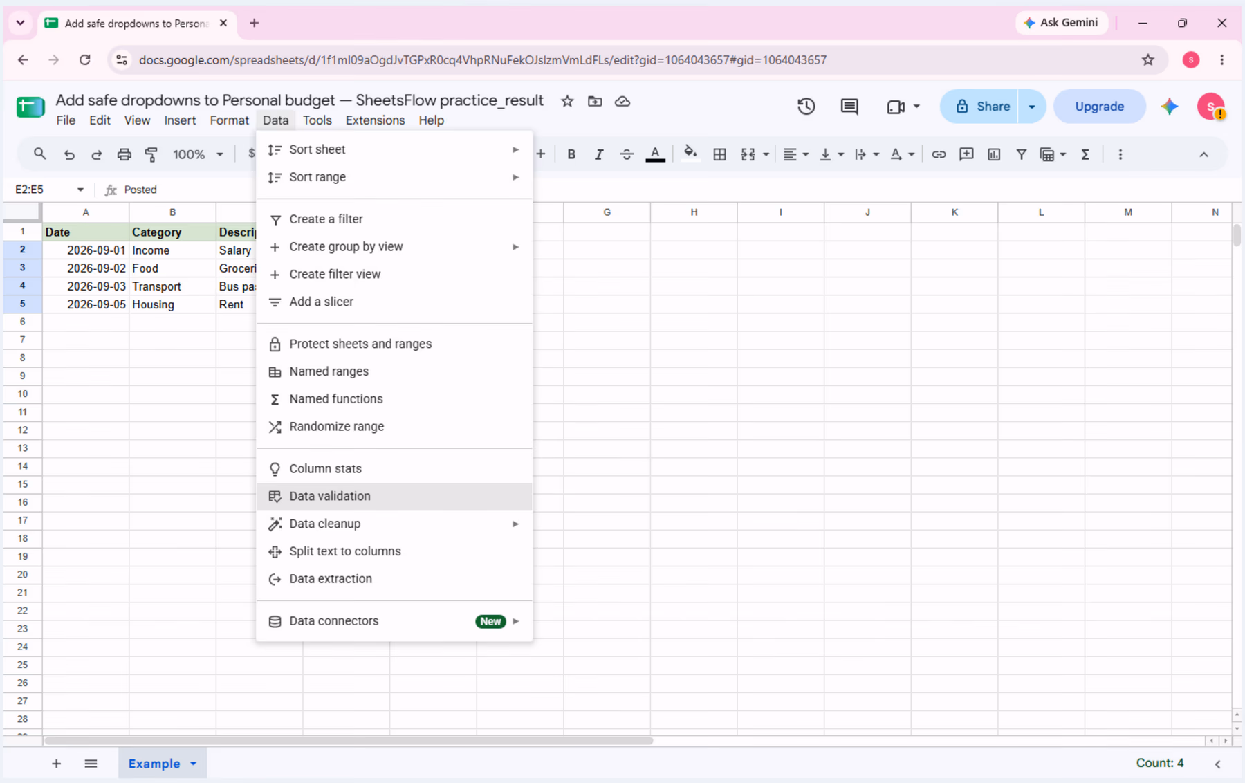 The Data menu is open with the pointer directly on Data validation.