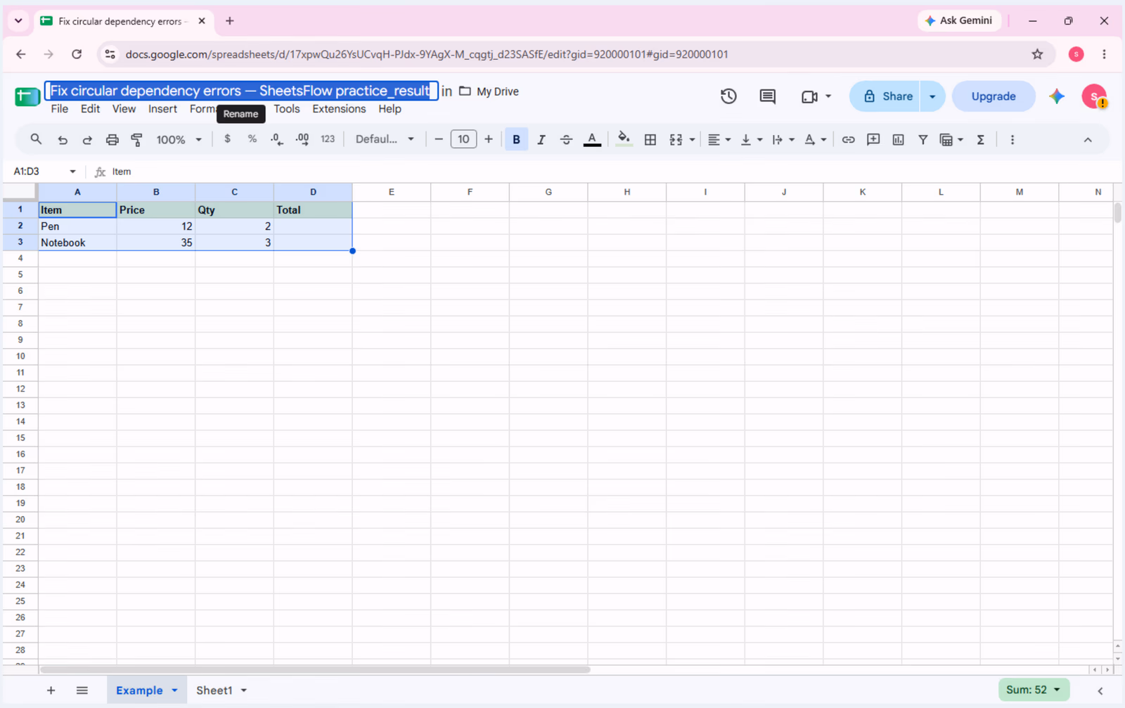 Google Sheets showing the Item, Price, Qty, and Total source table before reproducing the circular reference.