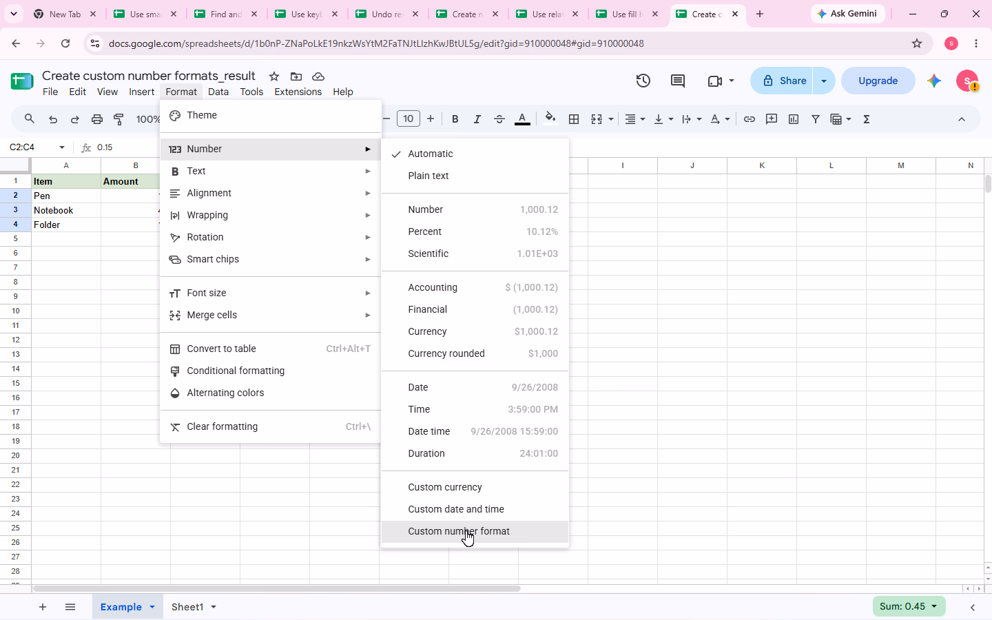 Format > Number is open with the pointer directly on Custom number format.