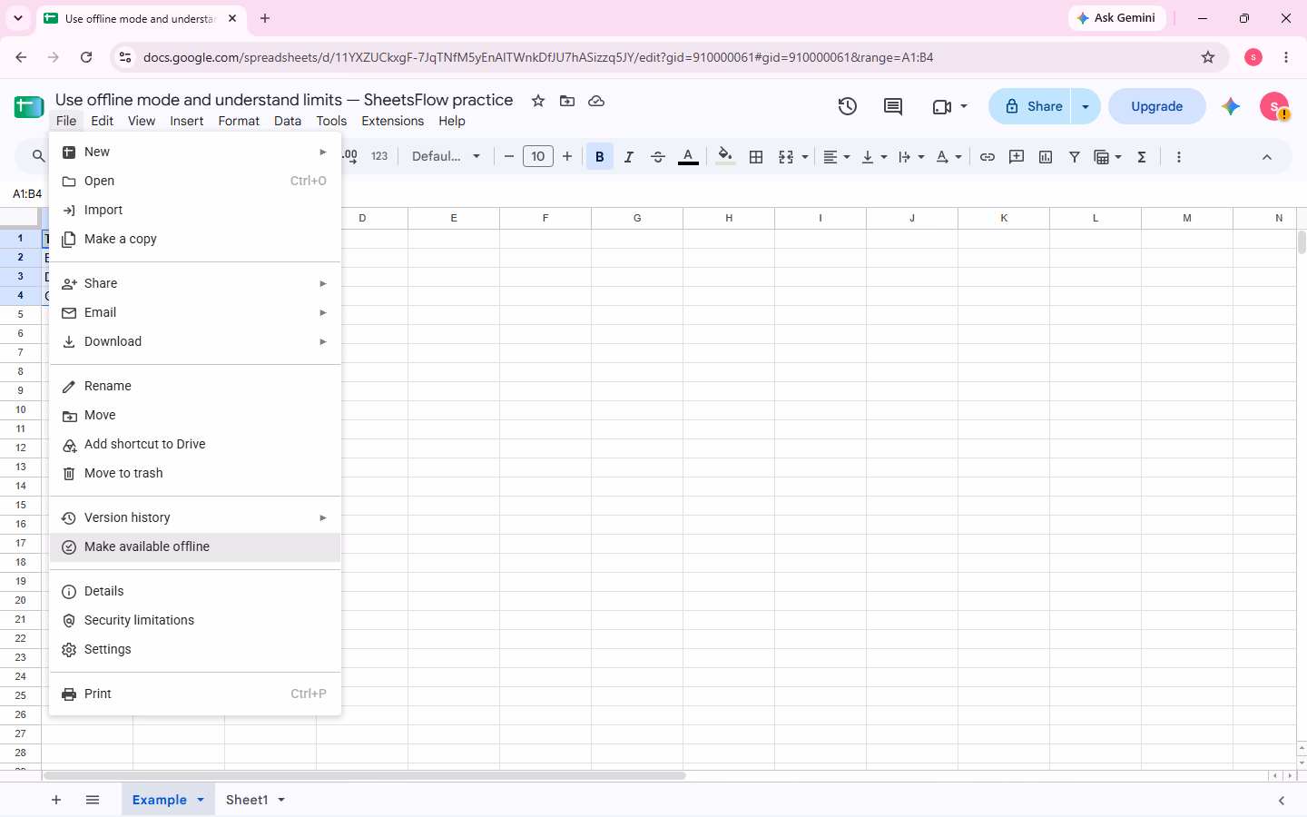 The Google Sheets File menu is open with the pointer on Make available offline before enabling offline access.