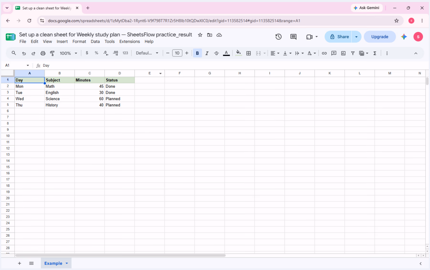 Final live _result checkpoint showing the clean A1:D5 study-plan table with the formatted header preserved.