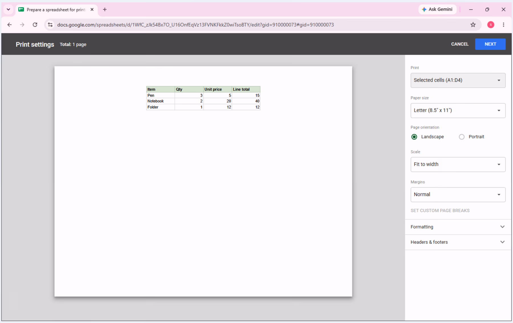 Print settings show Selected cells (A1:D4), Landscape, Fit to width, Normal margins, and the complete table on one-page preview.