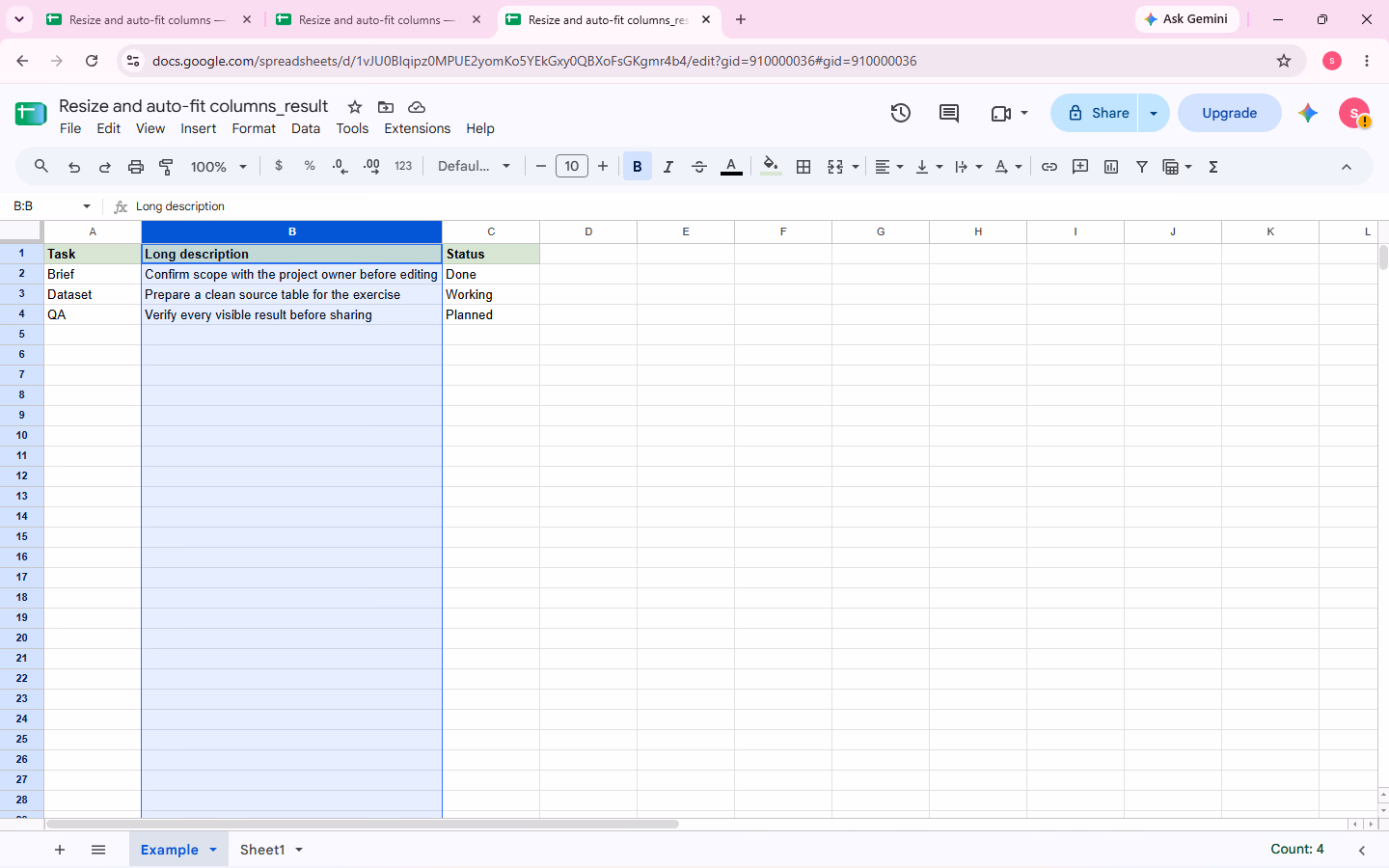 Kết quả sau Fit to data: toàn bộ Long description hiển thị đầy đủ, cột A và C vẫn gọn