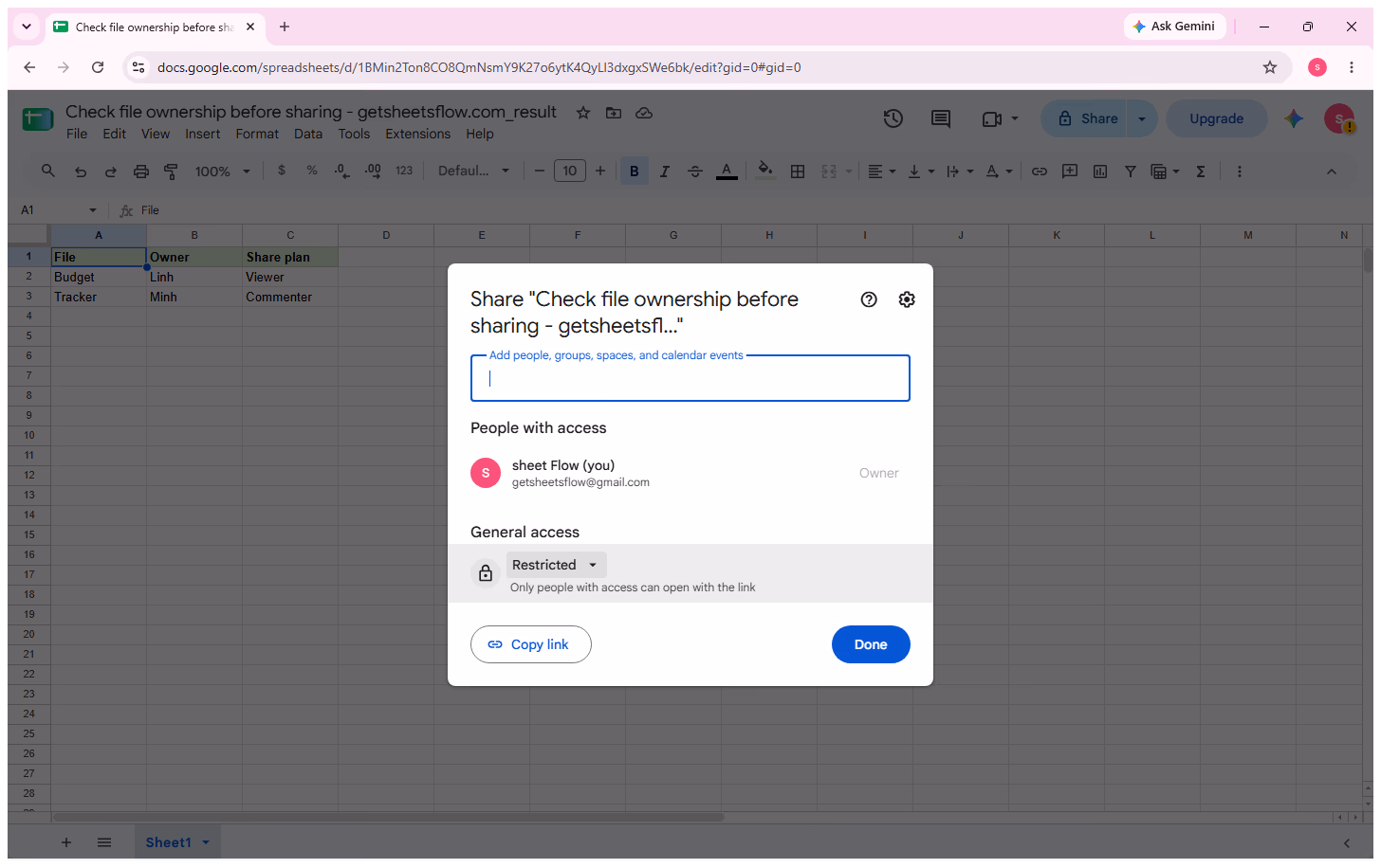 The current-audit Share dialog shows General access set to Restricted, confirming no sharing setting was changed.